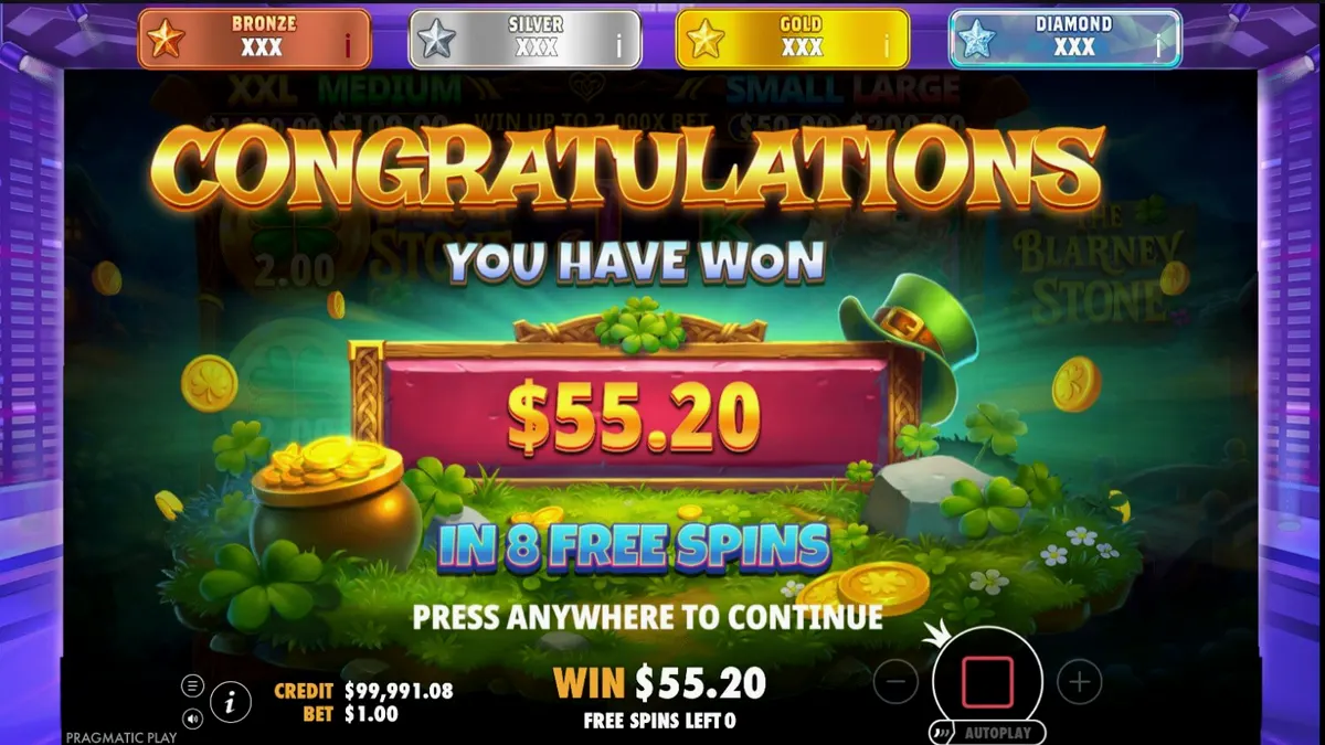 Tampilan visual slot The Blarney Stone dengan tema leprechaun dan pemandangan Irlandia