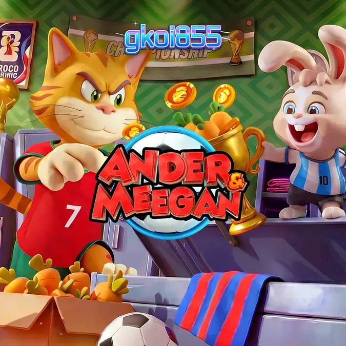 Tampilan antarmuka slot Ander & Meegan dengan simbol wild yang meluas di grid 5x5
